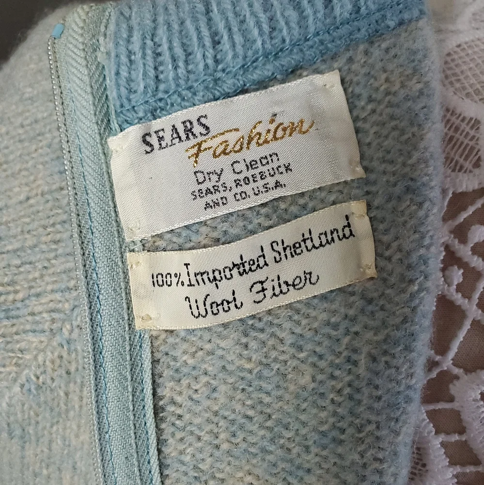 Vintage 70s Sears Shetland Wool Blue Ivory Sweater Dress Knit S / M - Picture 6 of 16